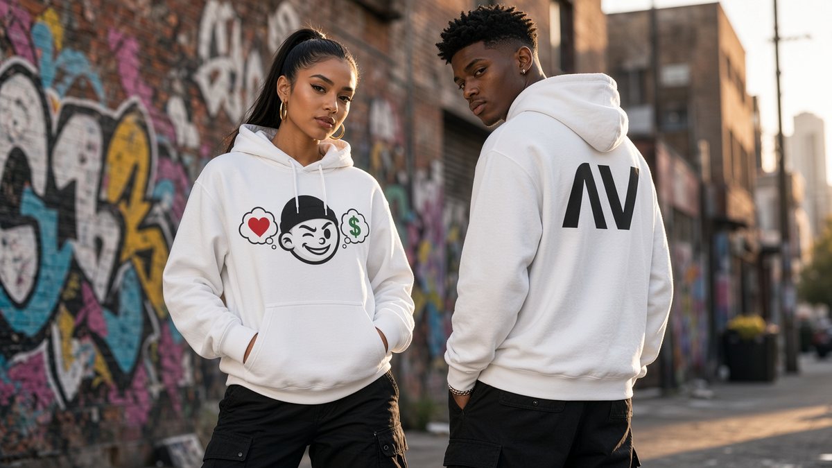 Two models by a graffiti wall in white Nexus Vision hoodies: one shows the Wink graphic on the front, the other shows the NV logo printed on the back