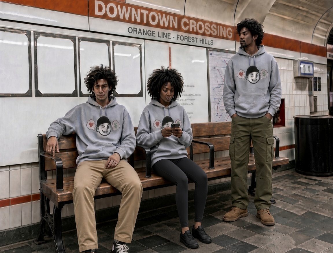 Three friends in Sport Grey Wink Hoodies at the Downtown Crossing Orange Line station in Boston