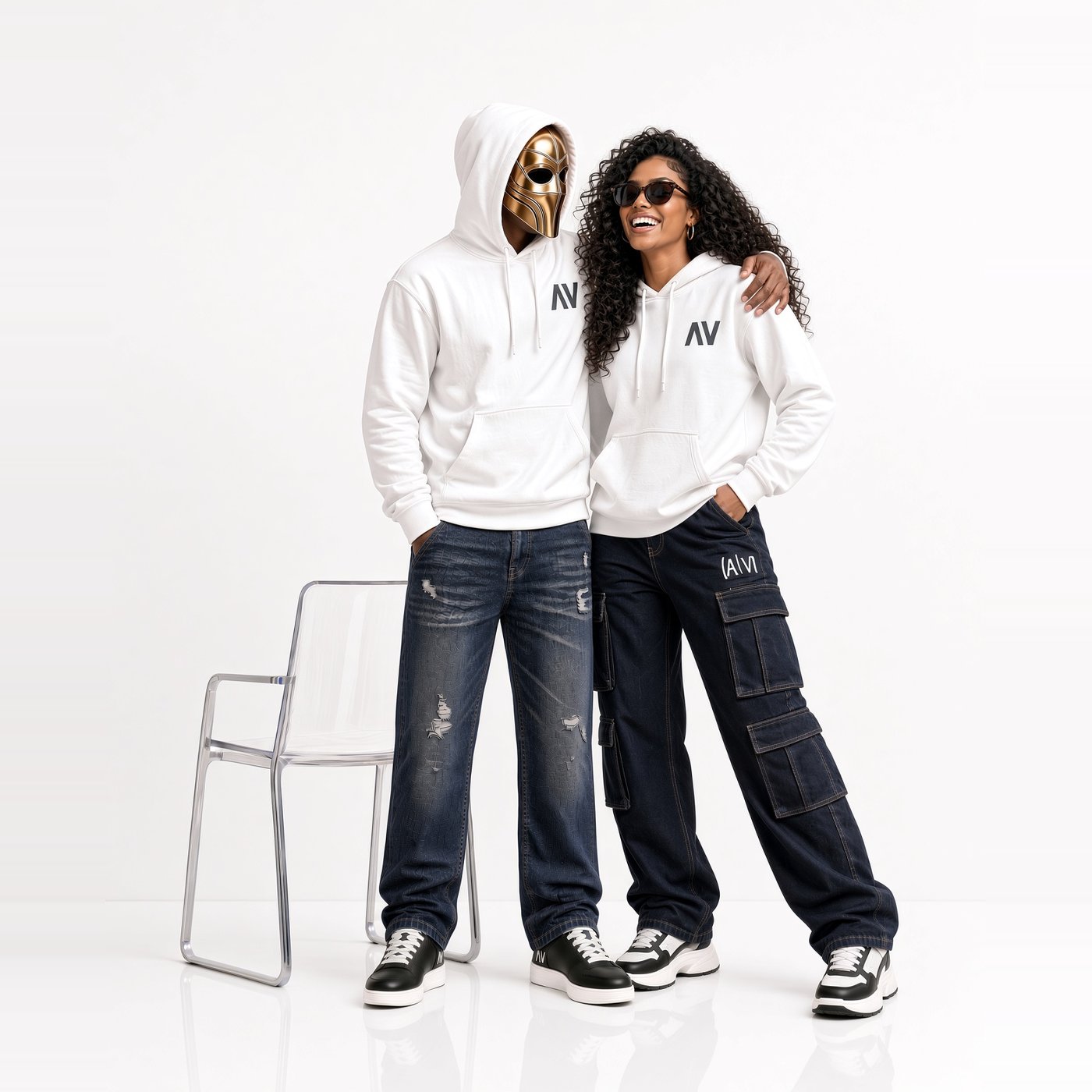 Two models in the White Wink Back Hoodie, both showing the small NV logo on the left chest